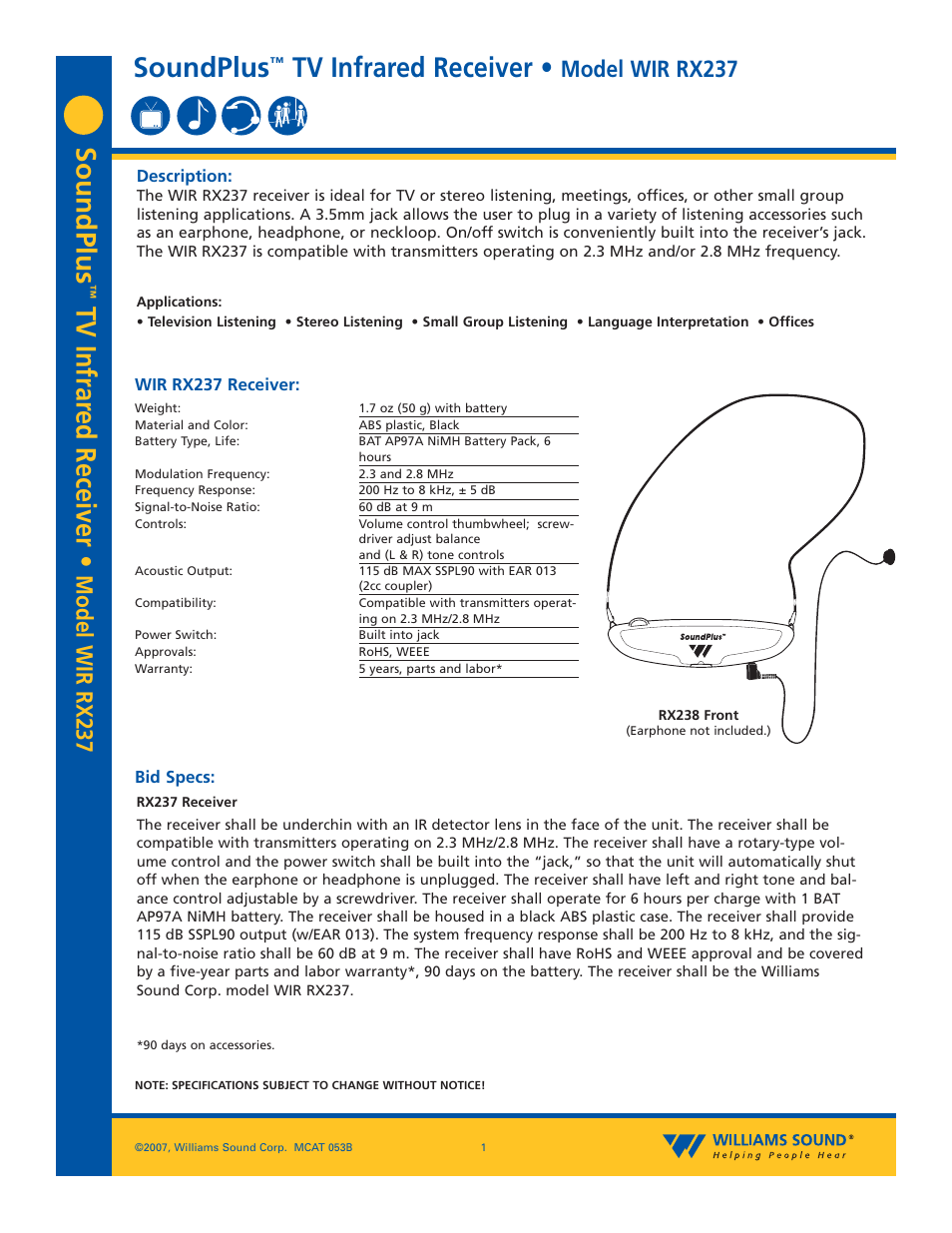 Williams Sound WIR RX237 User Manual | 2 pages