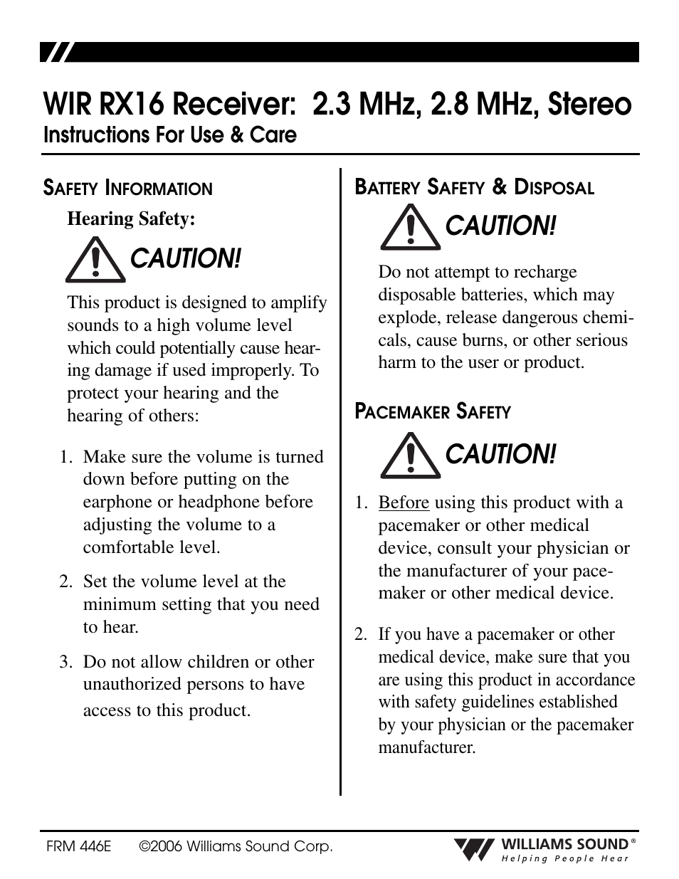 Williams Sound WIR RX16 User Manual | 6 pages