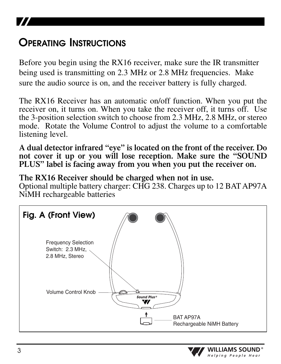 Fig. a (front view), Perating, Nstructions | Williams Sound WIR RX16 User Manual | Page 3 / 6