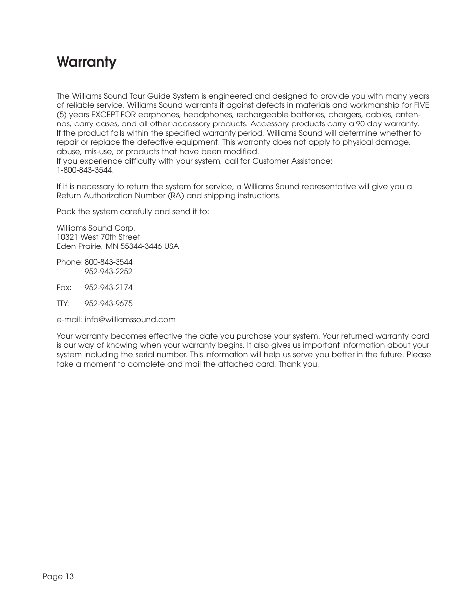 Warranty | Williams Sound TGS SYS A User Manual | Page 13 / 16