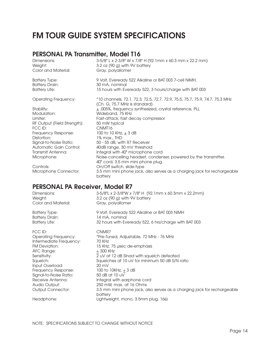 Fm tour guide system specifications, Personal pa transmitter, model t16, Personal pa receiver, model r7 | Williams Sound TGS SYS A User Manual | Page 14 / 16