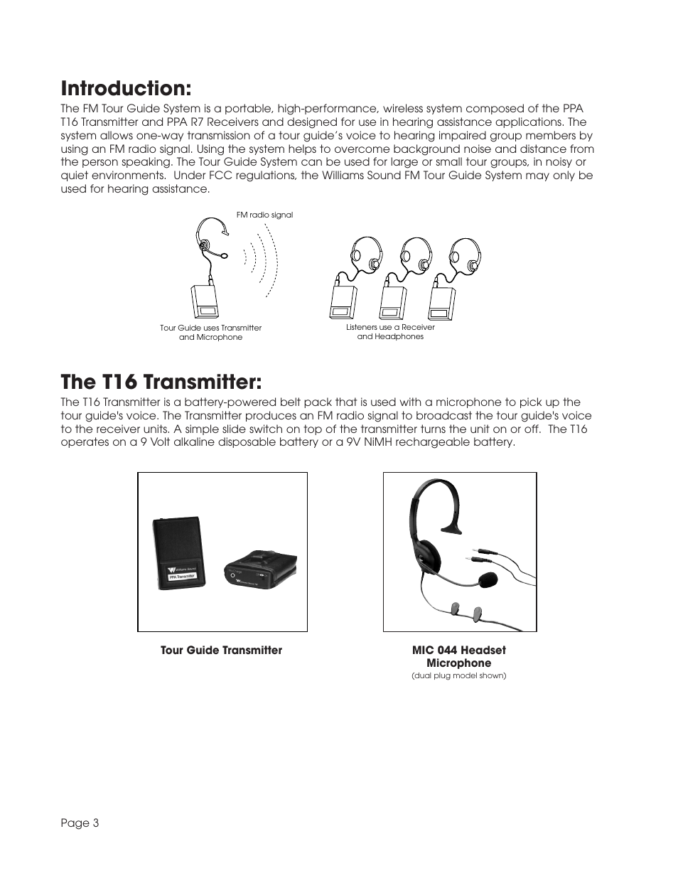 Introduction, The t16 transmitter | Williams Sound TGS SYS A User Manual | Page 3 / 16