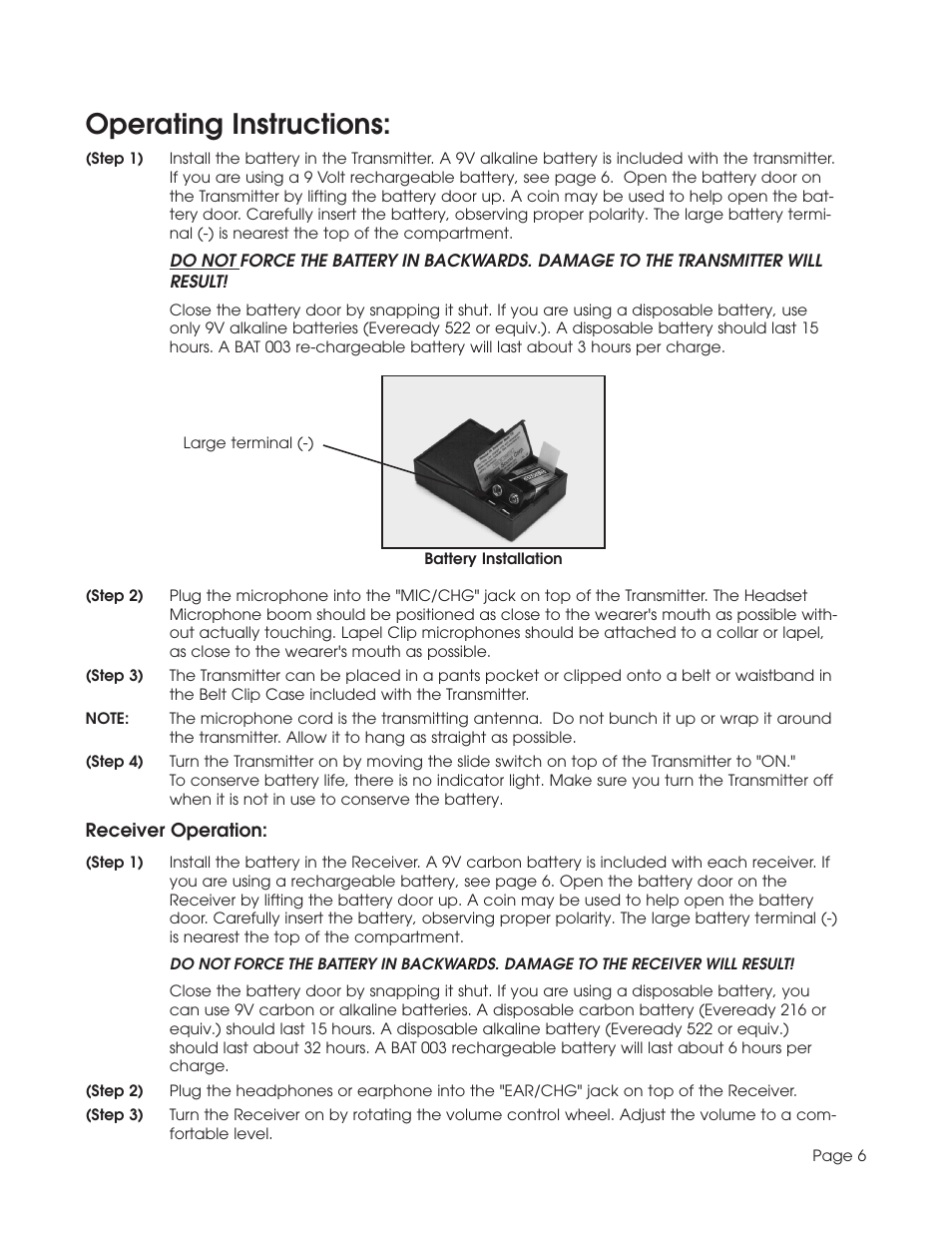 Operating instructions | Williams Sound TGS SYS A User Manual | Page 6 / 16