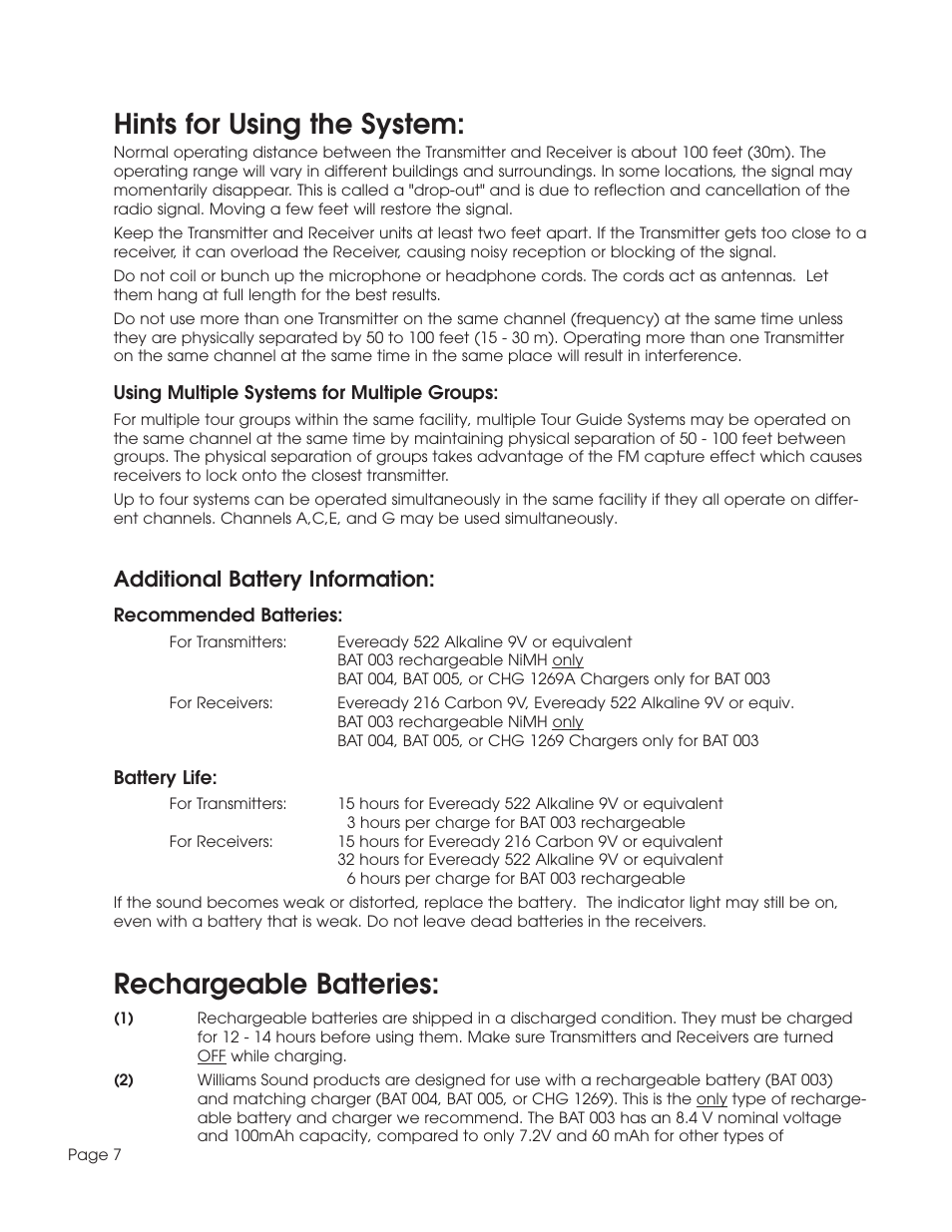 Hints for using the system, Rechargeable batteries, Additional battery information | Williams Sound TGS SYS A User Manual | Page 7 / 16