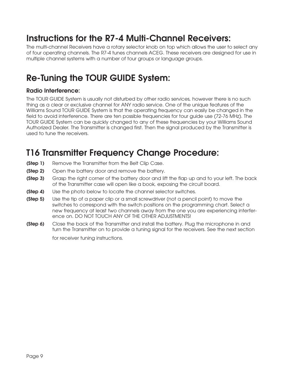 Instructions for the r7-4 multi-channel receivers, Re-tuning the tour guide system, T16 transmitter frequency change procedure | Williams Sound TGS SYS A User Manual | Page 9 / 16