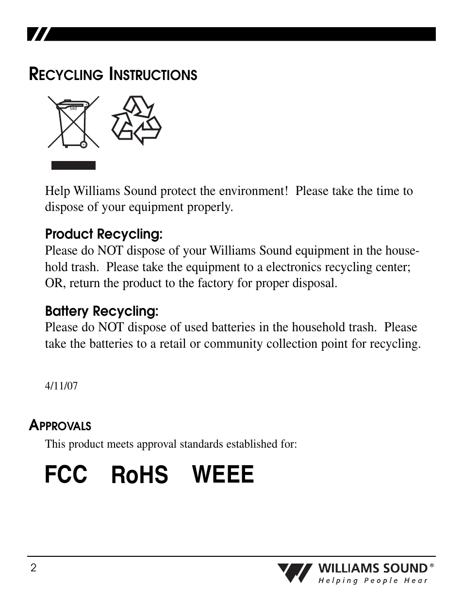 Rohs fcc weee | Williams Sound Personal PA Receiver PPA R35N User Manual | Page 2 / 6
