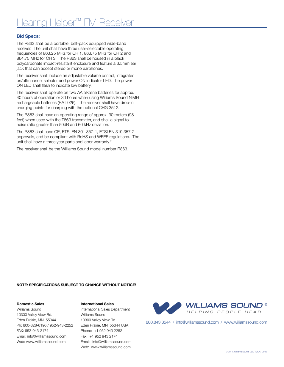 Hearing helper, Fm receiver | Williams Sound R863 User Manual | Page 3 / 3