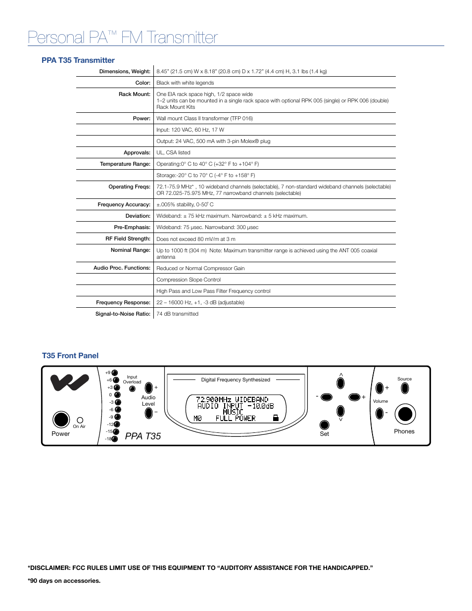 Personal pa, Fm transmitter, Ppa t35 | Williams Sound PPA T35 User Manual | Page 2 / 4