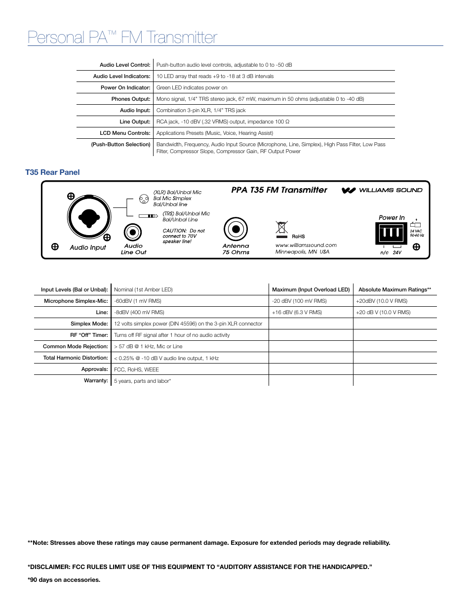 Personal pa, Fm transmitter | Williams Sound PPA T35 User Manual | Page 3 / 4