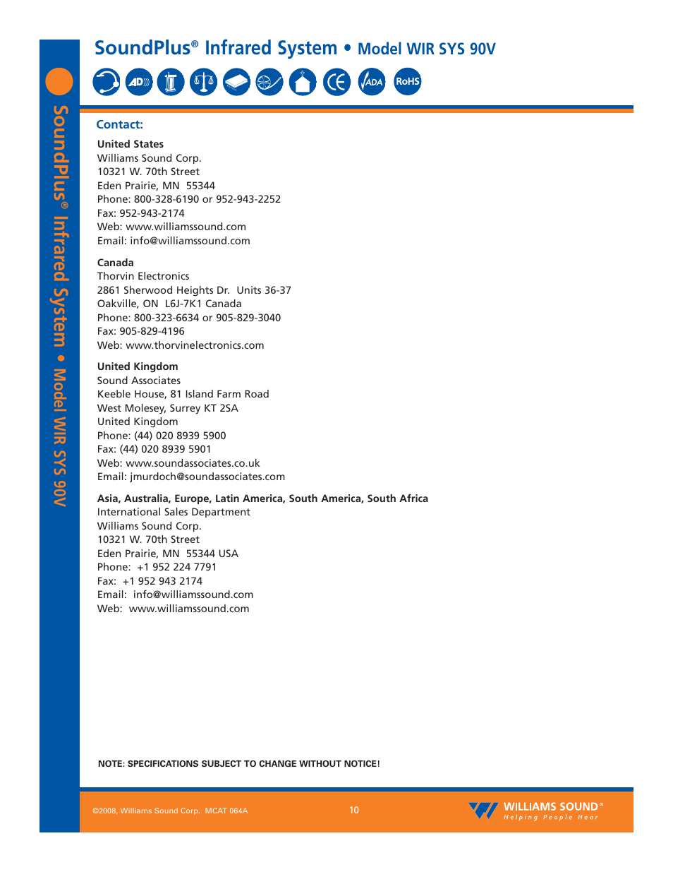 Soundplus, Infrar ed system, Infrared system | Model wir sys 90v | Williams Sound SoundPlus Infrared System WIR SYS 90V User Manual | Page 10 / 10
