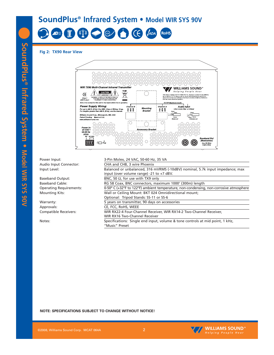 Soundplus, Infrar ed system, Infrared system | Model wir sys 90v | Williams Sound SoundPlus Infrared System WIR SYS 90V User Manual | Page 2 / 10