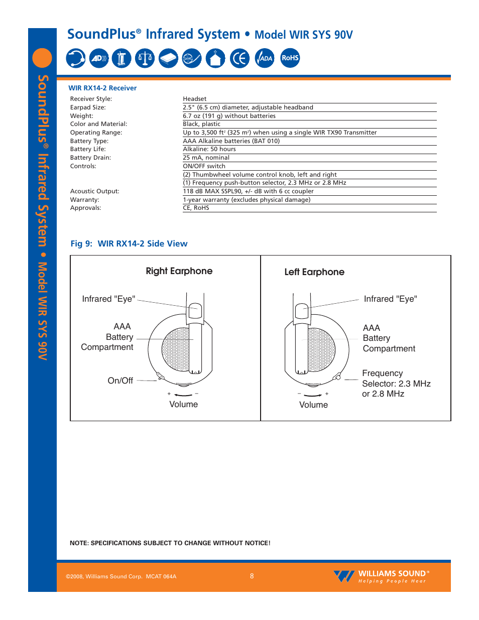 Soundplus, Infrar ed system, Infrared system | Model wir sys 90v, Right earphone, Left earphone | Williams Sound SoundPlus Infrared System WIR SYS 90V User Manual | Page 8 / 10