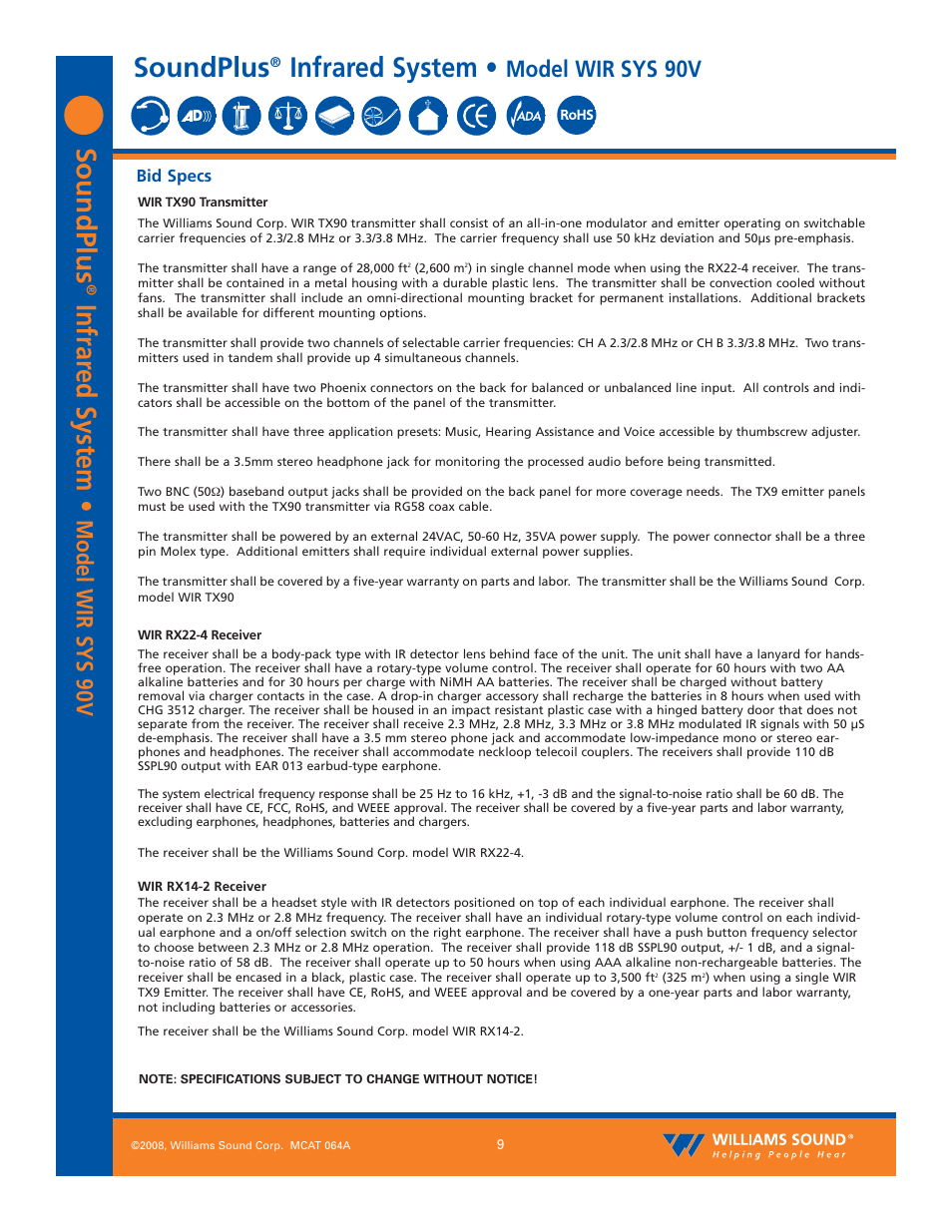 Soundplus, Infrar ed system, Infrared system | Model wir sys 90v | Williams Sound SoundPlus Infrared System WIR SYS 90V User Manual | Page 9 / 10