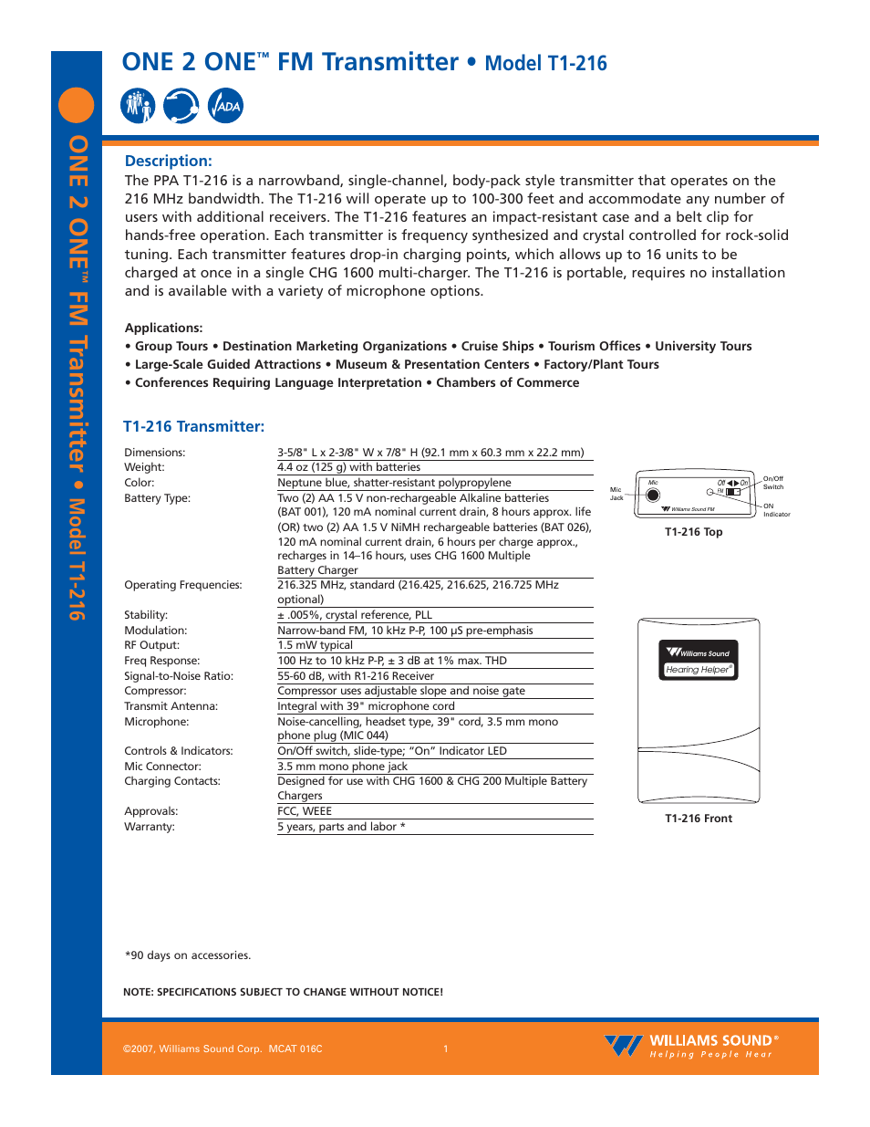 Williams Sound T1-216 User Manual | 3 pages