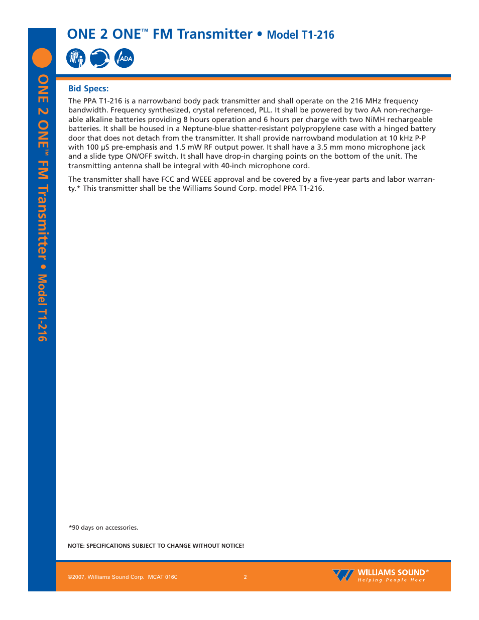 One 2 one, Fm t ransmitter, Fm transmitter | Model t1-216 | Williams Sound T1-216 User Manual | Page 2 / 3