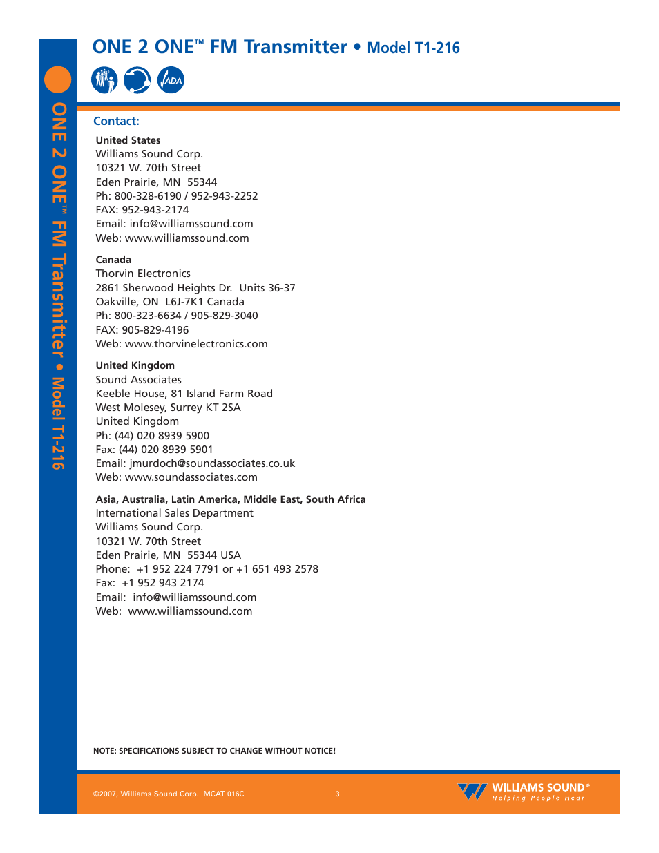 One 2 one, Fm t ransmitter, Fm transmitter | Model t1-216 | Williams Sound T1-216 User Manual | Page 3 / 3