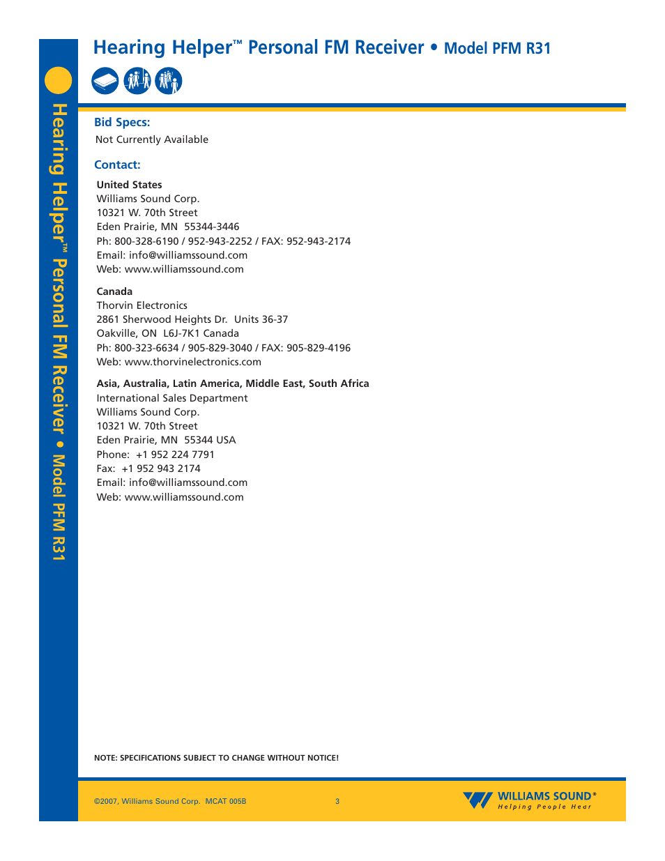 Hearing helper, Personal fm receiver, Model pfm r31 | Williams Sound PFM R31 User Manual | Page 3 / 3