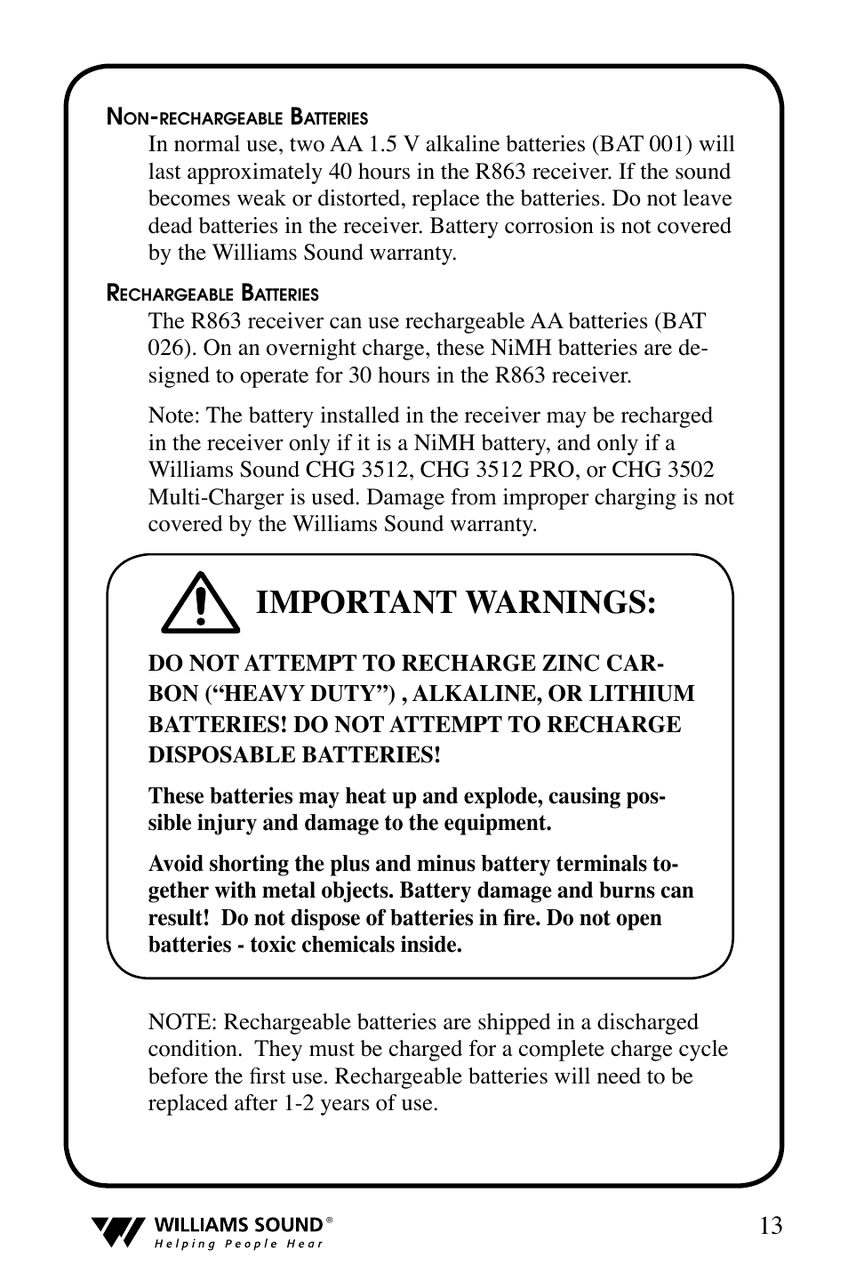 Important warnings | Williams Sound T800 User Manual | Page 13 / 20