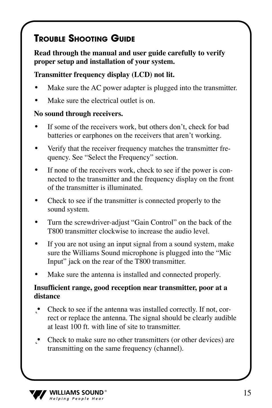 Williams Sound T800 User Manual | Page 15 / 20