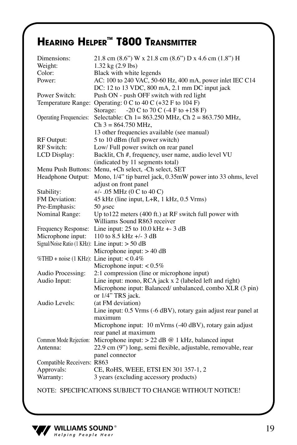 T800 t | Williams Sound T800 User Manual | Page 19 / 20