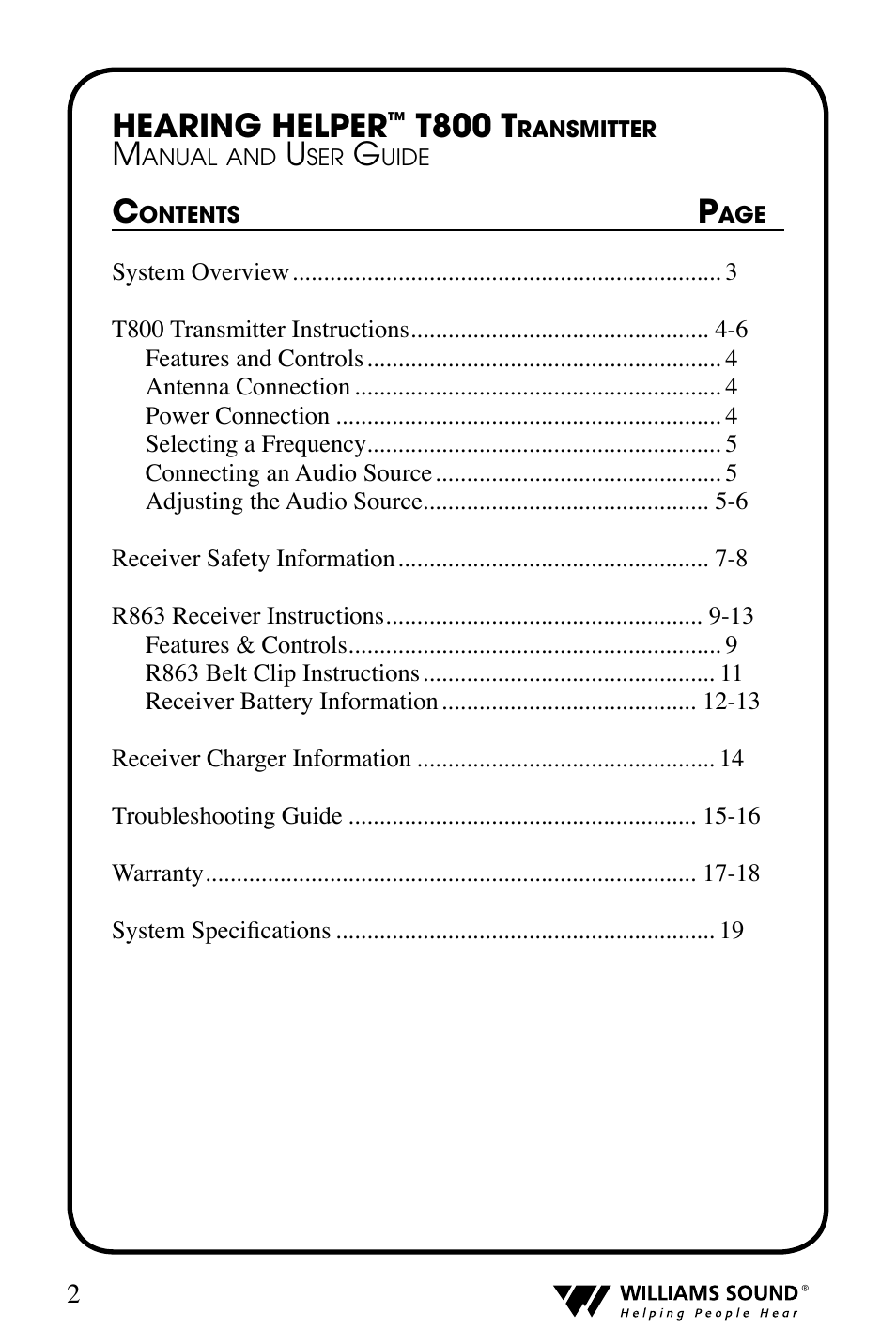 Hearing helper, T800 t | Williams Sound T800 User Manual | Page 2 / 20