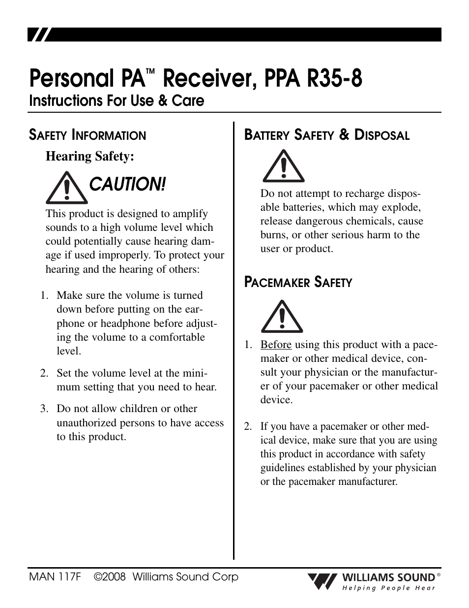 Williams Sound Personal PA Receiver PPA R35-8 User Manual | 6 pages