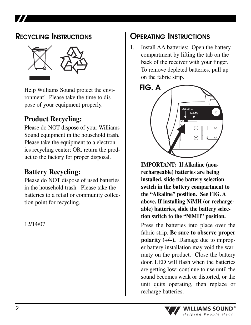 Product recycling, Battery recycling, Fig. a | Williams Sound Personal PA Receiver PPA R35-8 User Manual | Page 2 / 6