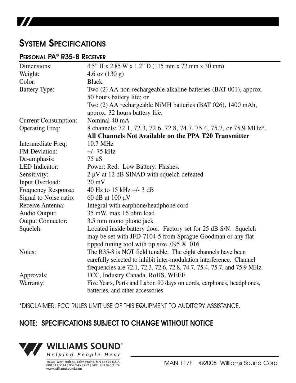 Williams Sound Personal PA Receiver PPA R35-8 User Manual | Page 6 / 6