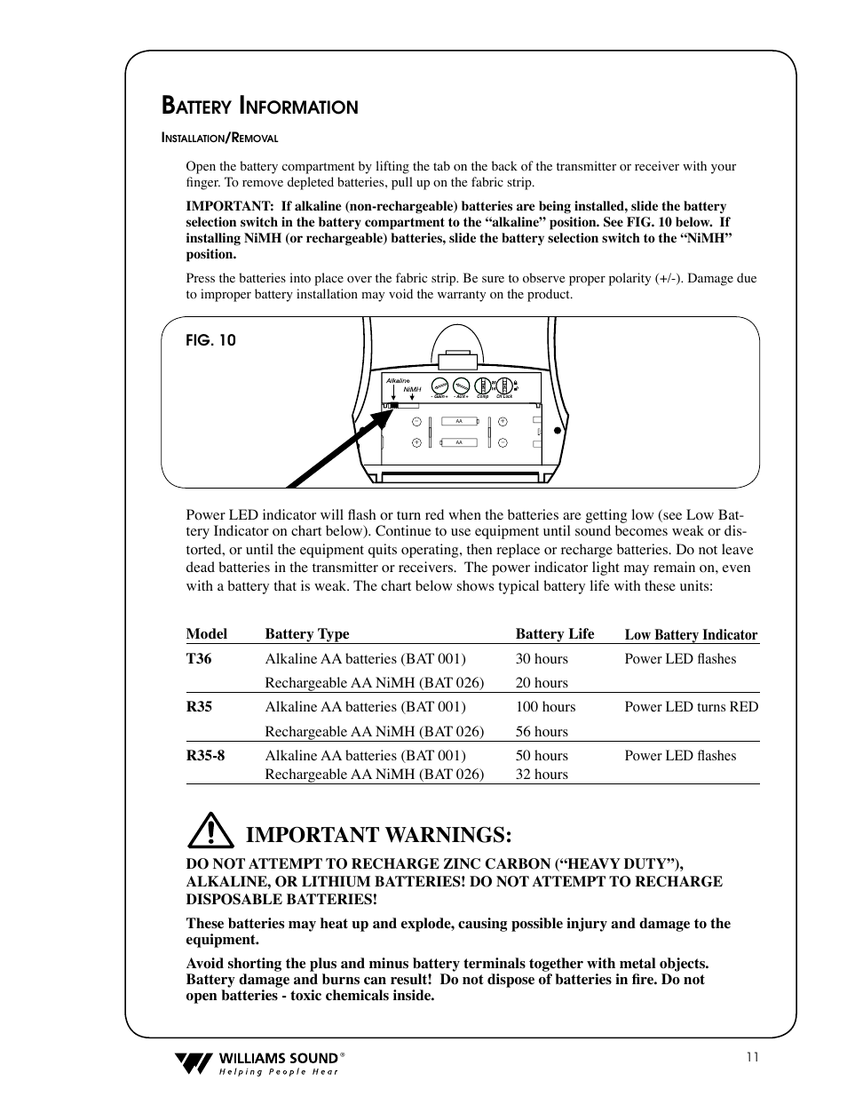 Important warnings, Attery, Nformation | Williams Sound PPA T36 User Manual | Page 11 / 20
