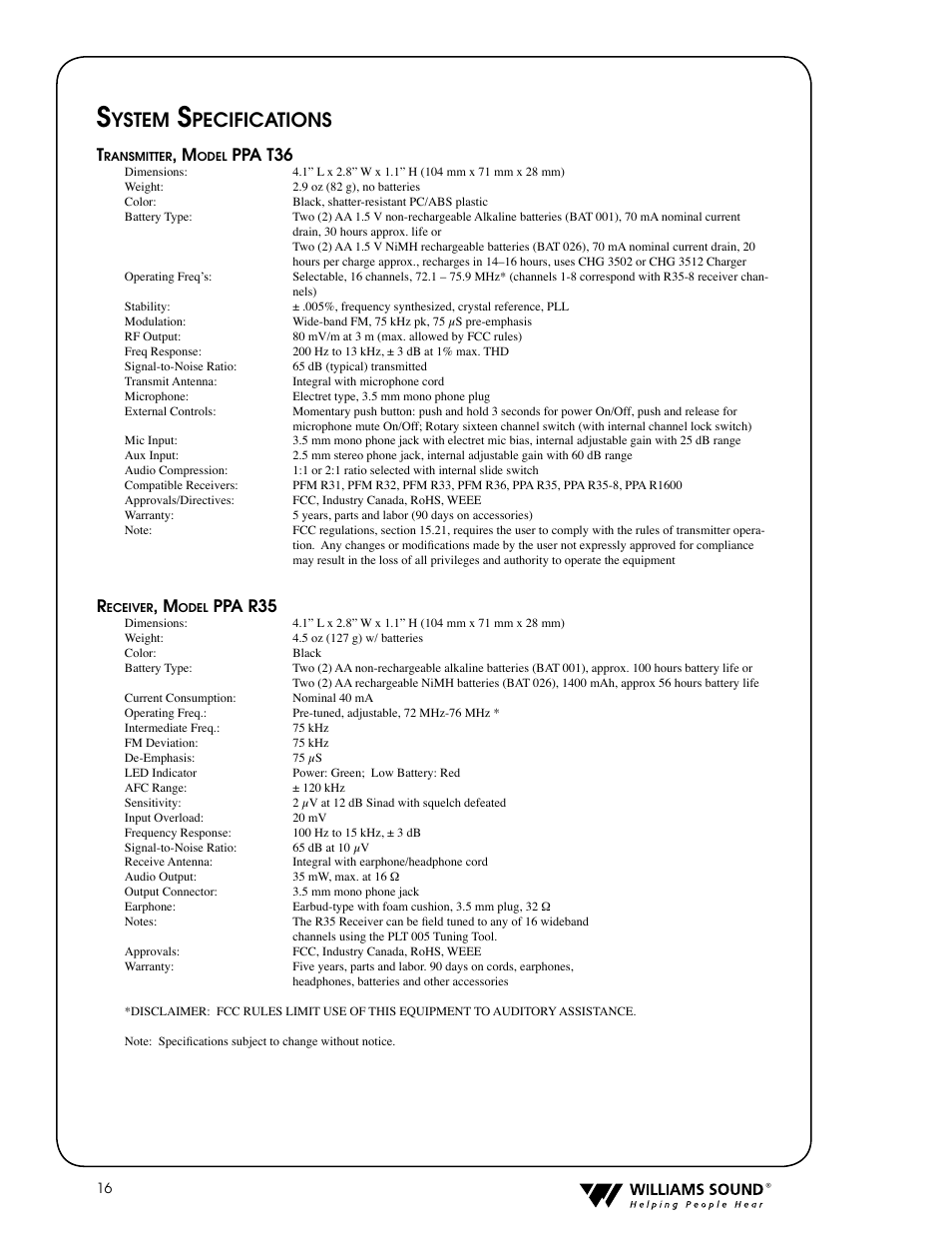 Ystem, Pecifications, Ppa t36 | Ppa r35 | Williams Sound PPA T36 User Manual | Page 16 / 20