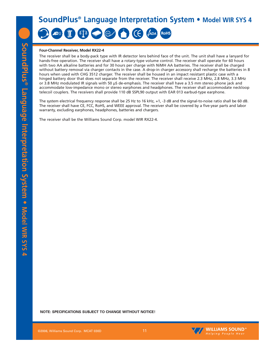 Soundplus, Language interpr etation system, Language interpretation system | Model wir sys 4 | Williams Sound Language Interpretation System WIR SYS 4 User Manual | Page 11 / 12