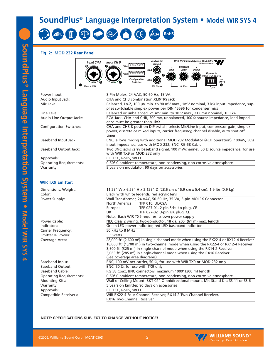Soundplus, Language interpr etation system, Language interpretation system | Model wir sys 4 | Williams Sound Language Interpretation System WIR SYS 4 User Manual | Page 2 / 12