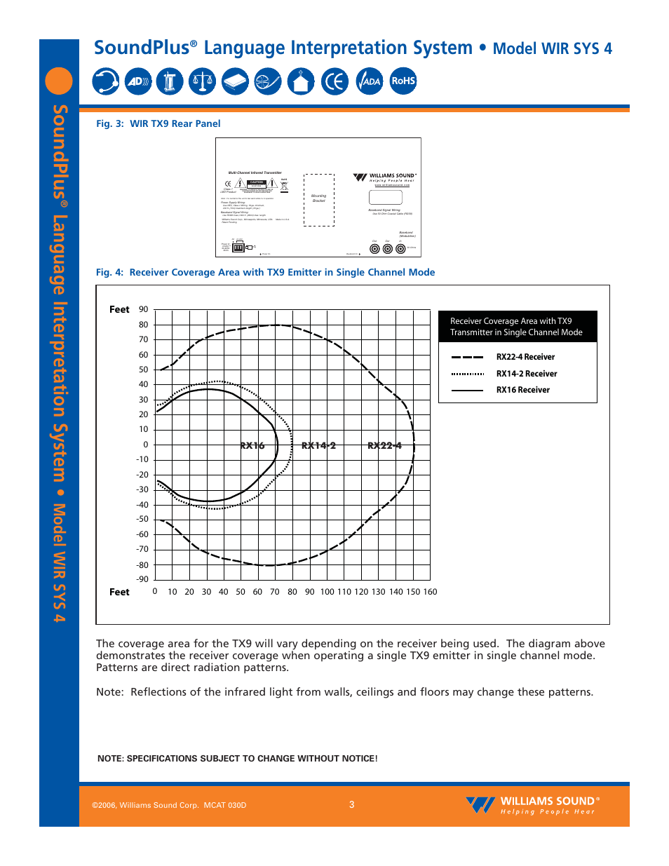 Soundplus, Language interpr etation system, Language interpretation system | Model wir sys 4, Fig. 3: wir tx9 rear panel, Feet | Williams Sound Language Interpretation System WIR SYS 4 User Manual | Page 3 / 12