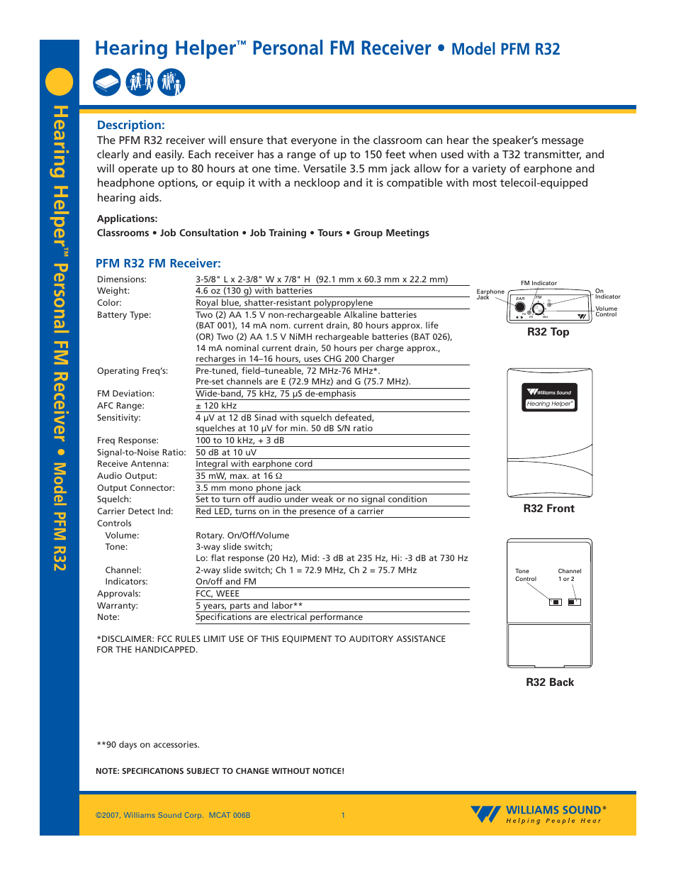 Williams Sound PFM R32 User Manual | 3 pages