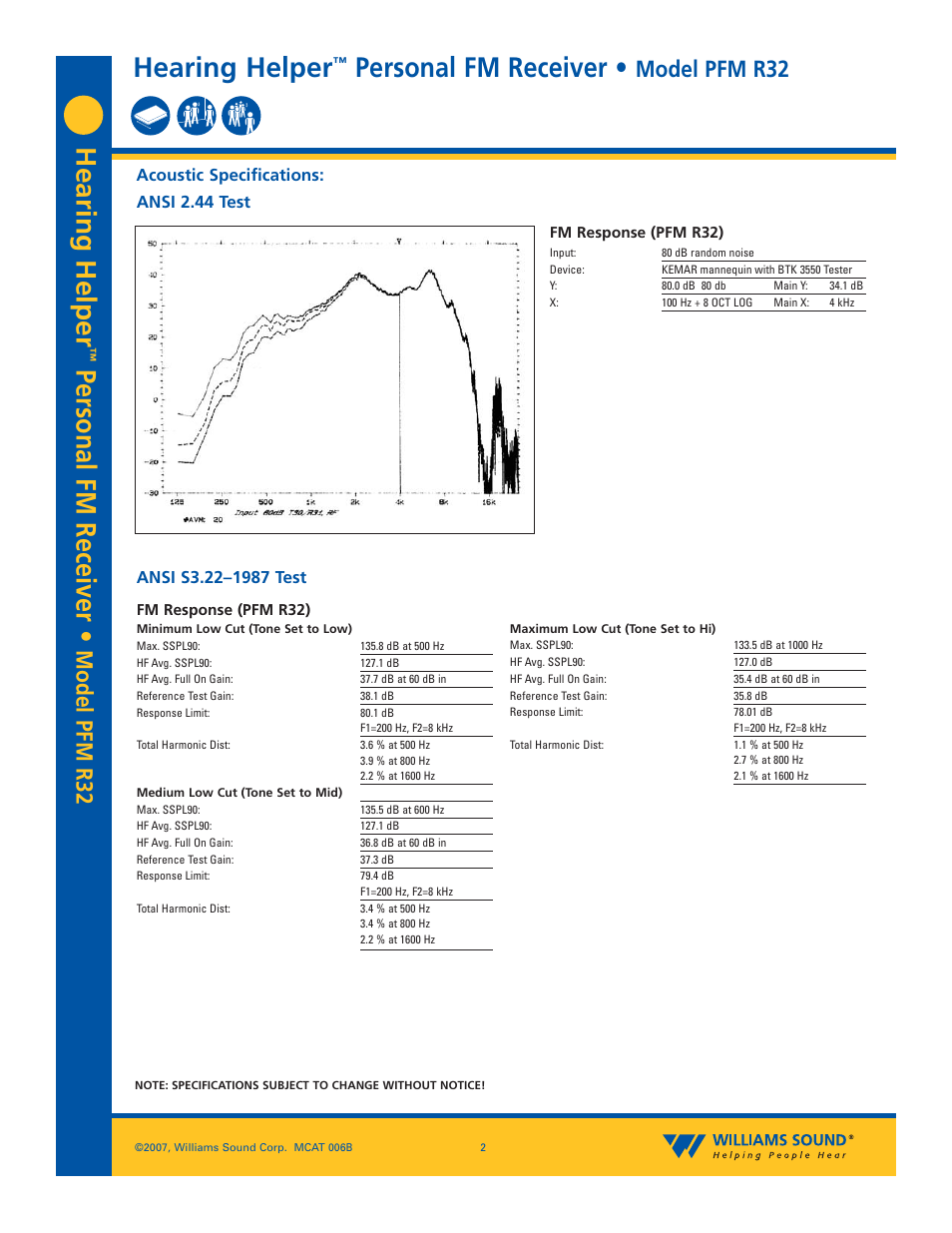 Hearing helper, Personal fm receiver, Model pfm r32 | Williams Sound PFM R32 User Manual | Page 2 / 3