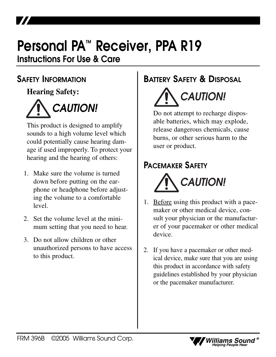 Williams Sound Personal PA Receiver PPA R19 User Manual | 6 pages