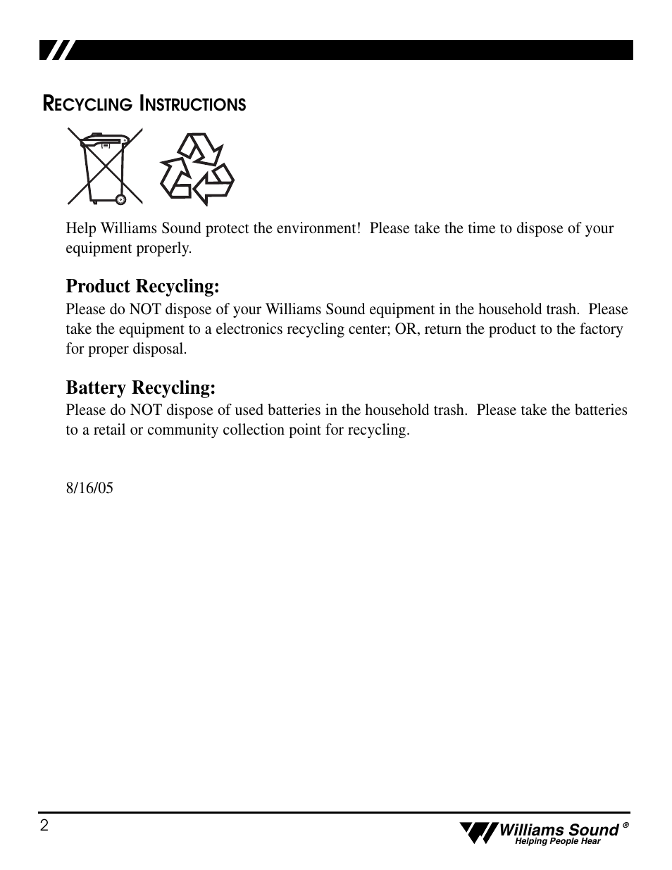 Product recycling, Battery recycling | Williams Sound Personal PA Receiver PPA R19 User Manual | Page 2 / 6