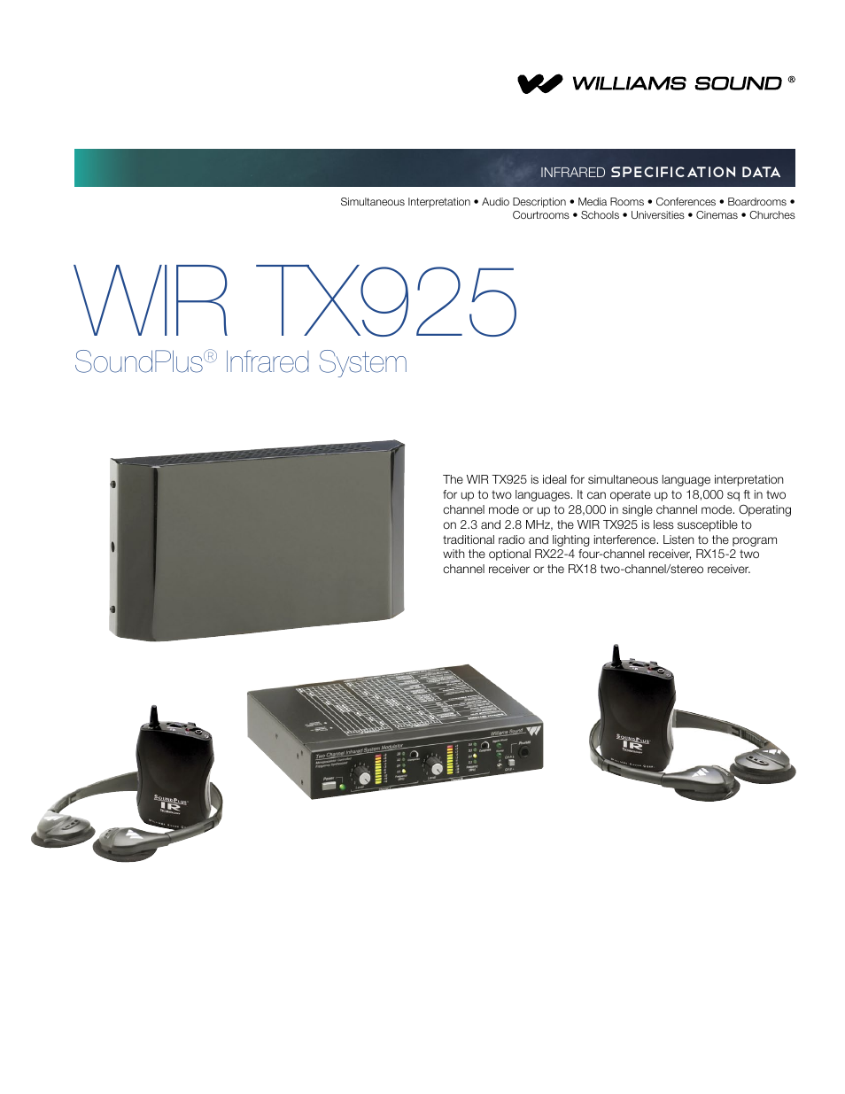 Williams Sound SoundPlus Infrared System WIR TX925 User Manual | 9 pages