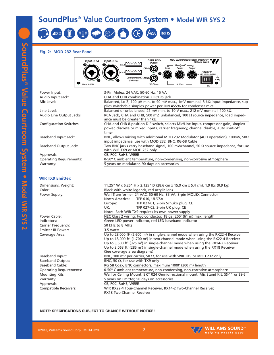 Soundplus, Value courtroom system, Model wir sys 2 | Williams Sound SoundPlus Value Courtroom System WIR SYS 2 User Manual | Page 2 / 12