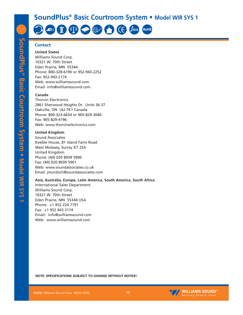 Soundplus, Basic courtr oom system, Basic courtroom system | Model wir sys 1 | Williams Sound SoundPlus Basic Courtroom System WIR SYS 1 User Manual | Page 10 / 10