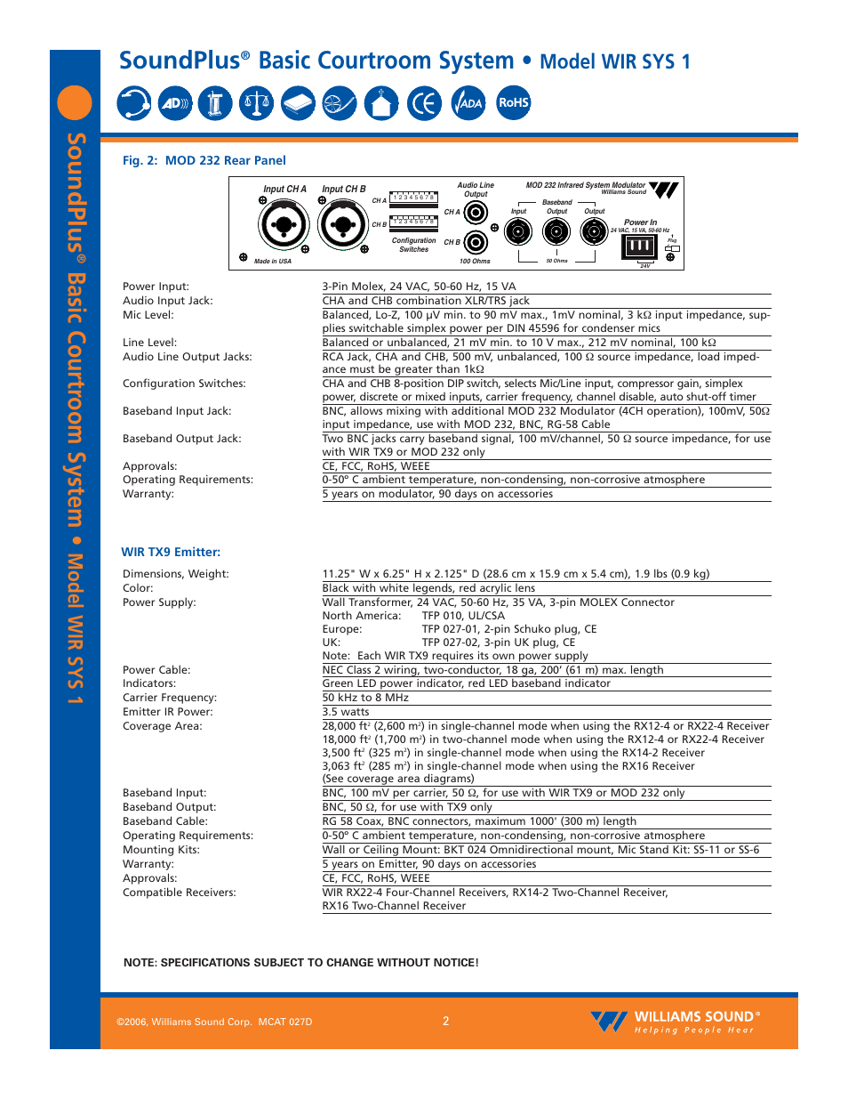 Soundplus, Basic courtr oom system, Basic courtroom system | Model wir sys 1 | Williams Sound SoundPlus Basic Courtroom System WIR SYS 1 User Manual | Page 2 / 10