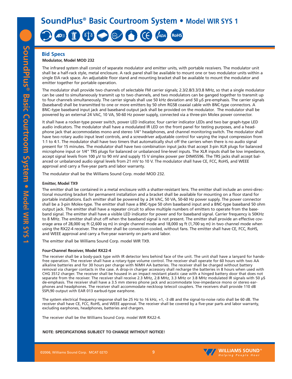 Soundplus, Basic courtr oom system, Basic courtroom system | Model wir sys 1 | Williams Sound SoundPlus Basic Courtroom System WIR SYS 1 User Manual | Page 9 / 10