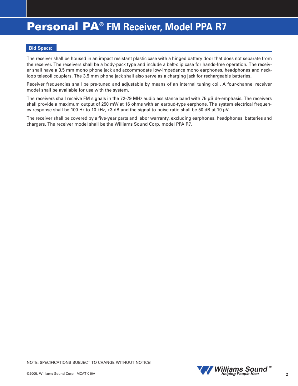 Personal pa, Fm receiver, model ppa r7, Williams sound | Williams Sound PPA R7 User Manual | Page 2 / 3