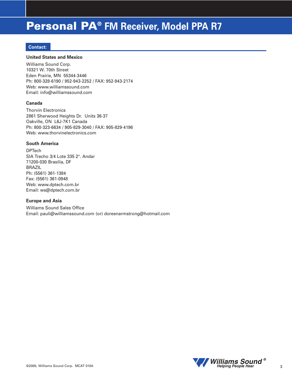Personal pa, Fm receiver, model ppa r7, Williams sound | Williams Sound PPA R7 User Manual | Page 3 / 3