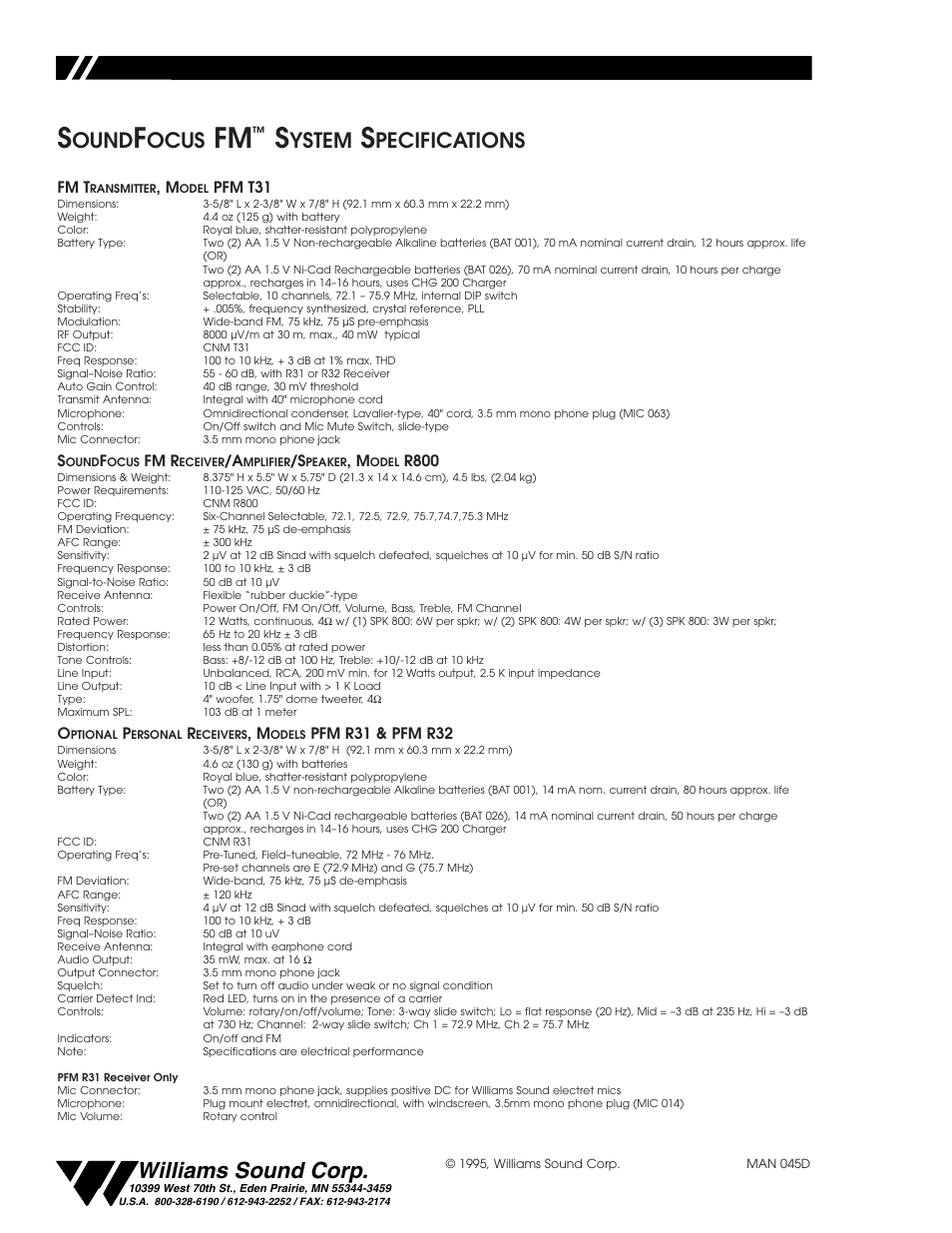 Williams sound corp, Ound, Ocus | Ystem, Pecifications, Fm t, Pfm t31, Fm r, R800, Pfm r31 & pfm r32 | Williams Sound CFM 400 User Manual | Page 19 / 19