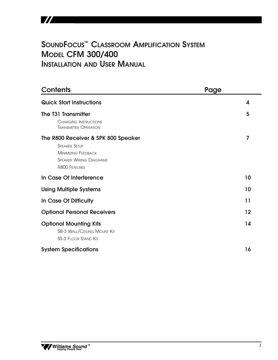 Contents page, Ound, Ocus | Lassroom, Mplification, Ystem, Odel, Nstallation and, Anual | Williams Sound CFM 400 User Manual | Page 2 / 19