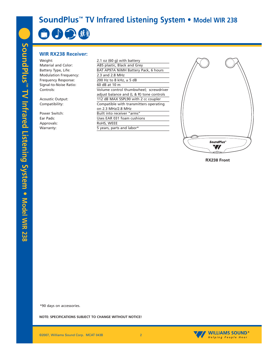 Soundplus, Tv infrar ed listening system, Tv infrared listening system | Model wir 238 | Williams Sound WIR 238 User Manual | Page 2 / 4