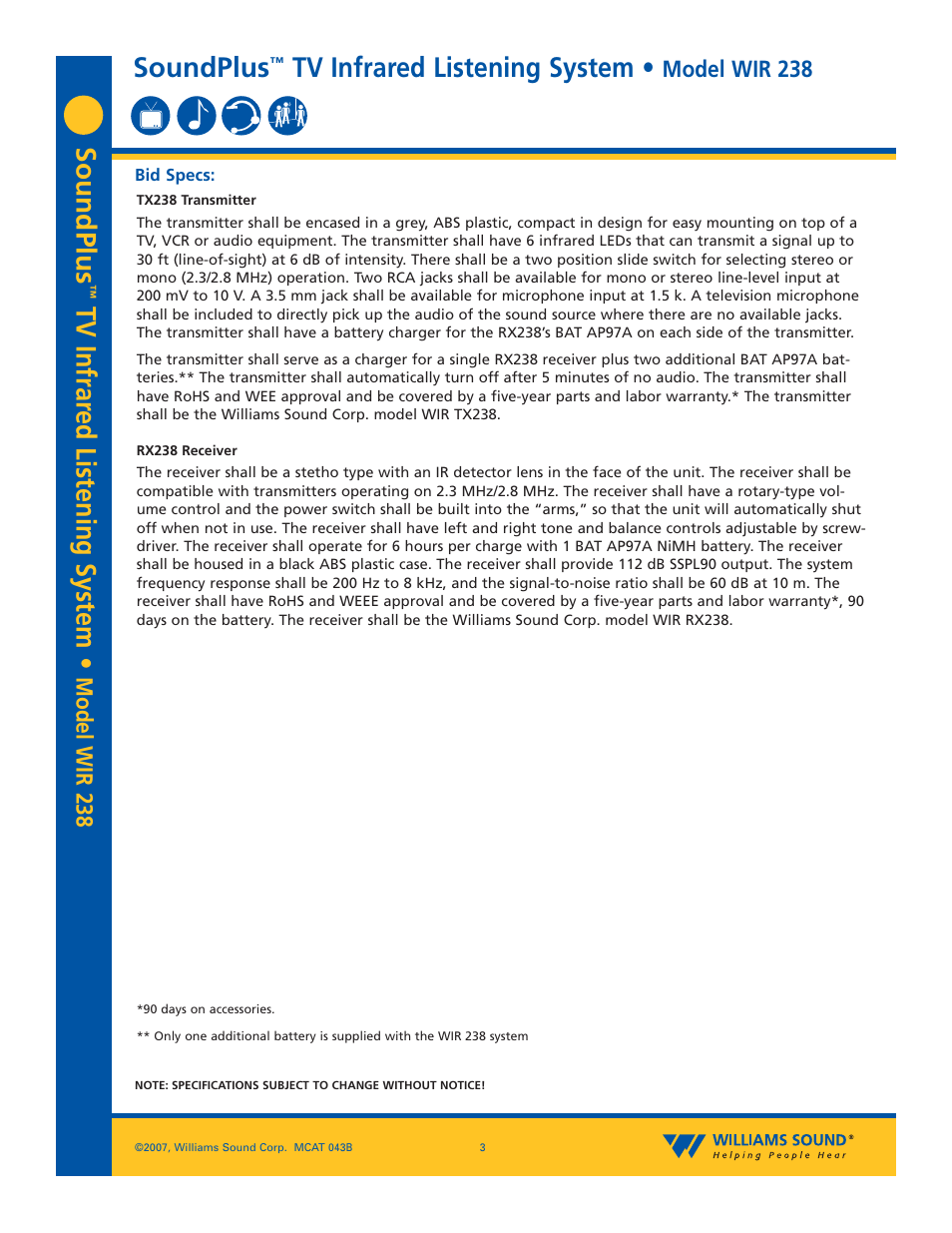 Soundplus, Tv infrar ed listening system, Tv infrared listening system | Model wir 238 | Williams Sound WIR 238 User Manual | Page 3 / 4