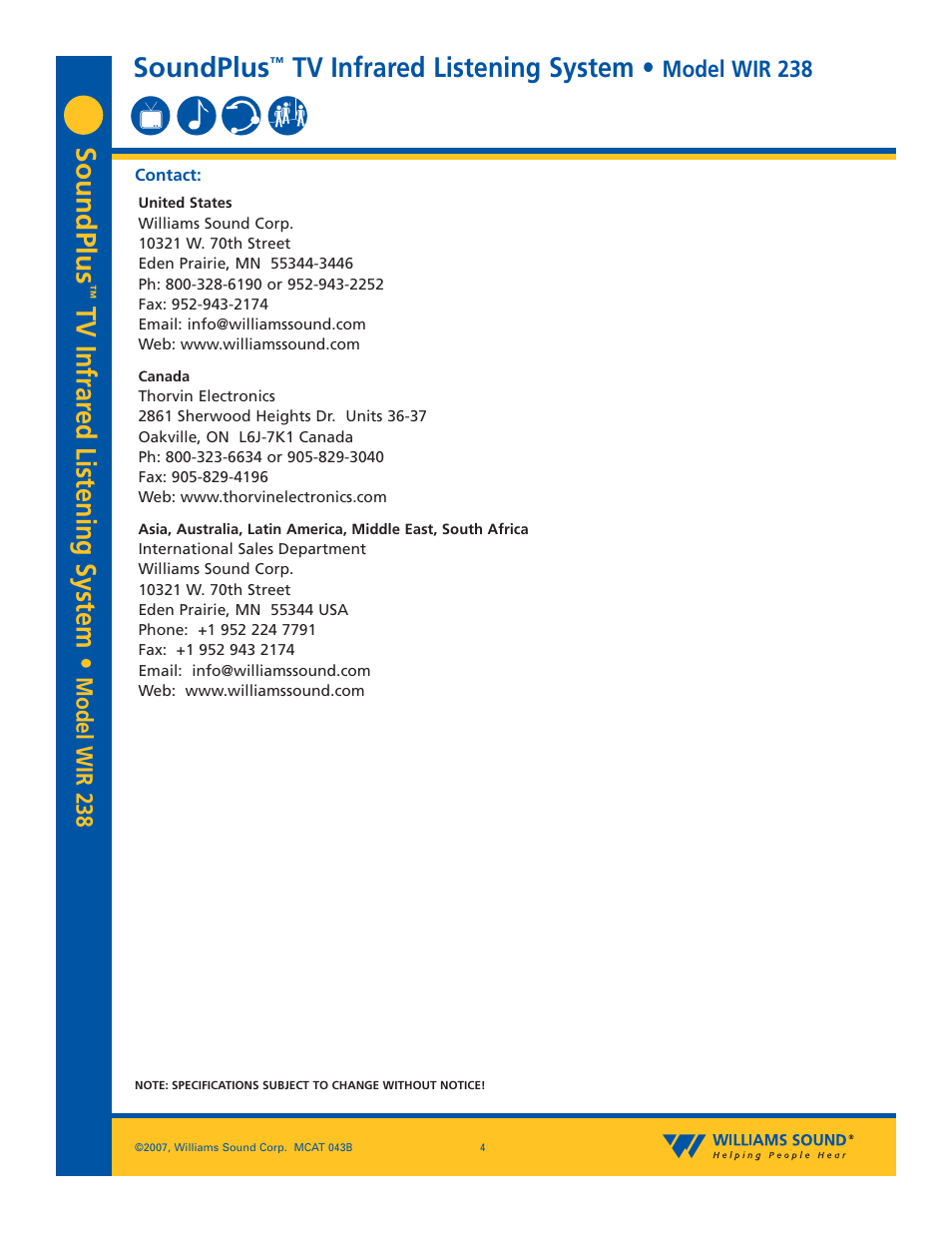Soundplus, Tv infrar ed listening system, Tv infrared listening system | Model wir 238 | Williams Sound WIR 238 User Manual | Page 4 / 4