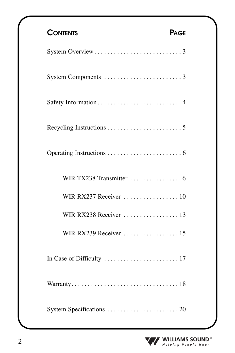 Williams Sound WIR 239 User Manual | Page 2 / 24